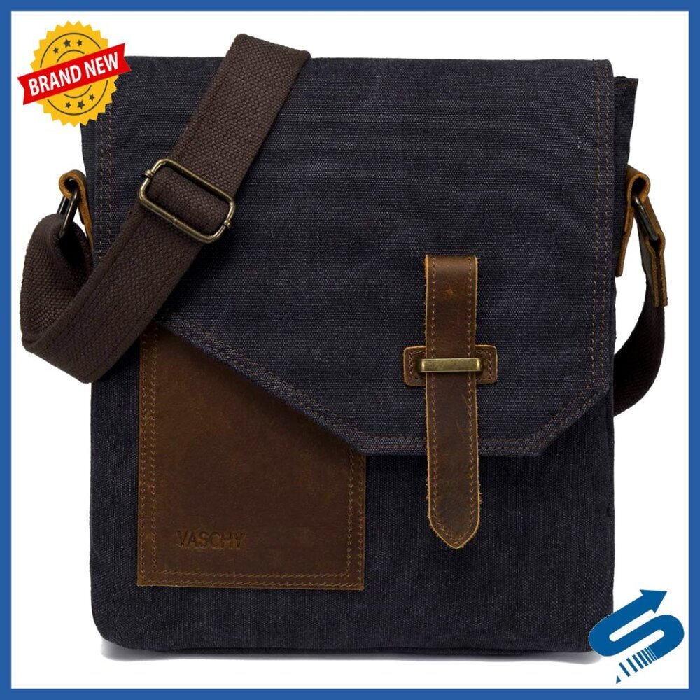 Vintage Canvas Leather Messenger Bag Lightweight Crossbody Spacious Compartments